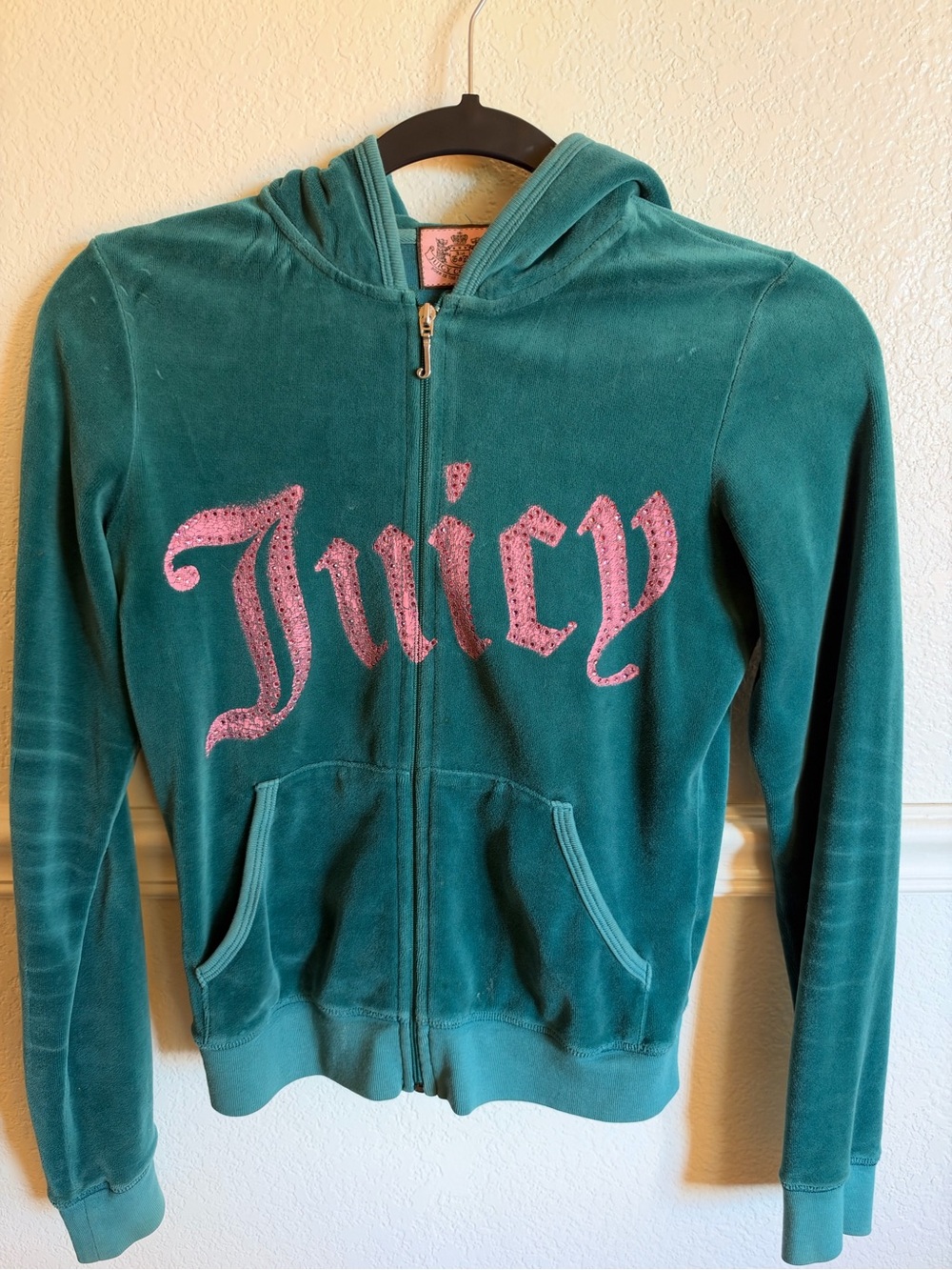Vintage Y2K Juicy Couture Teal Velour Zip Hoodie with Pink Logo size small